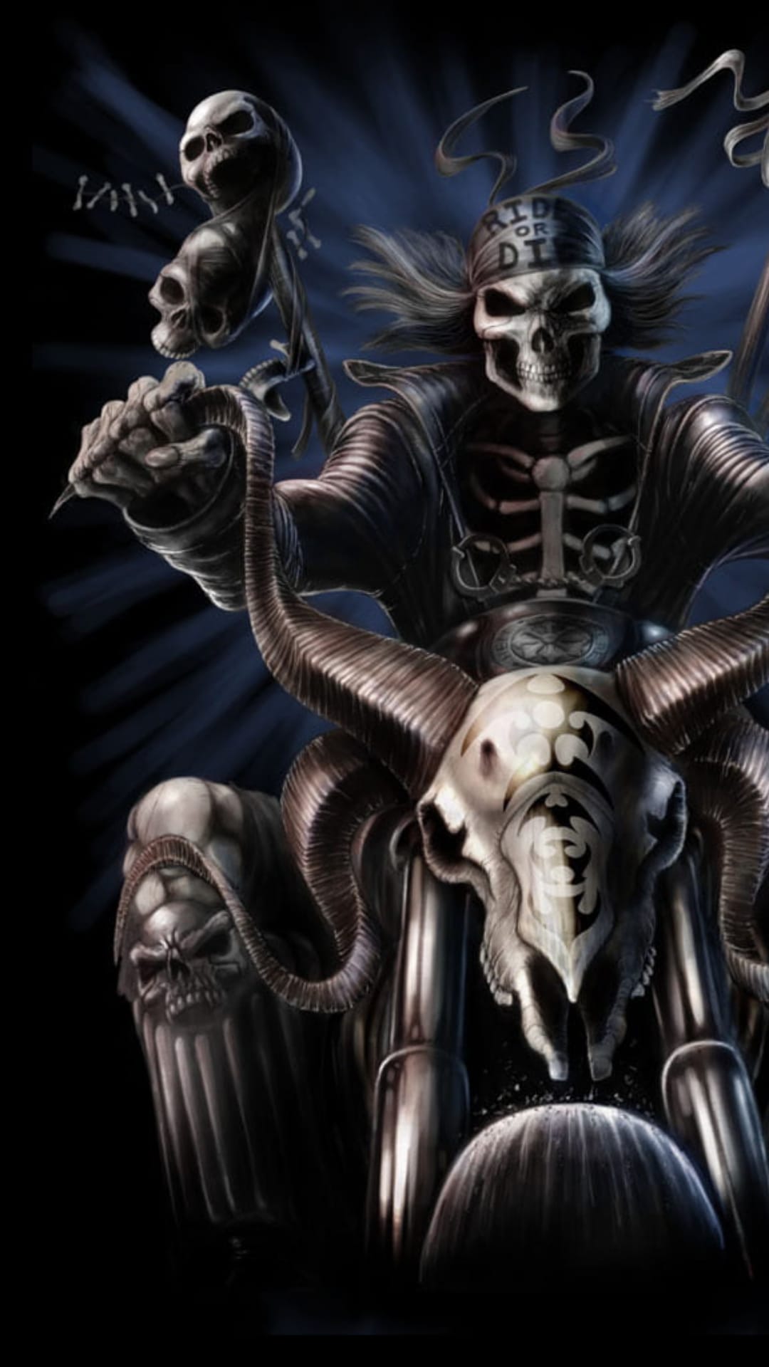 Skeletal rider on a ram skull motorcycle with curved horns holding a staff under dramatic blue atmospheric lighting.