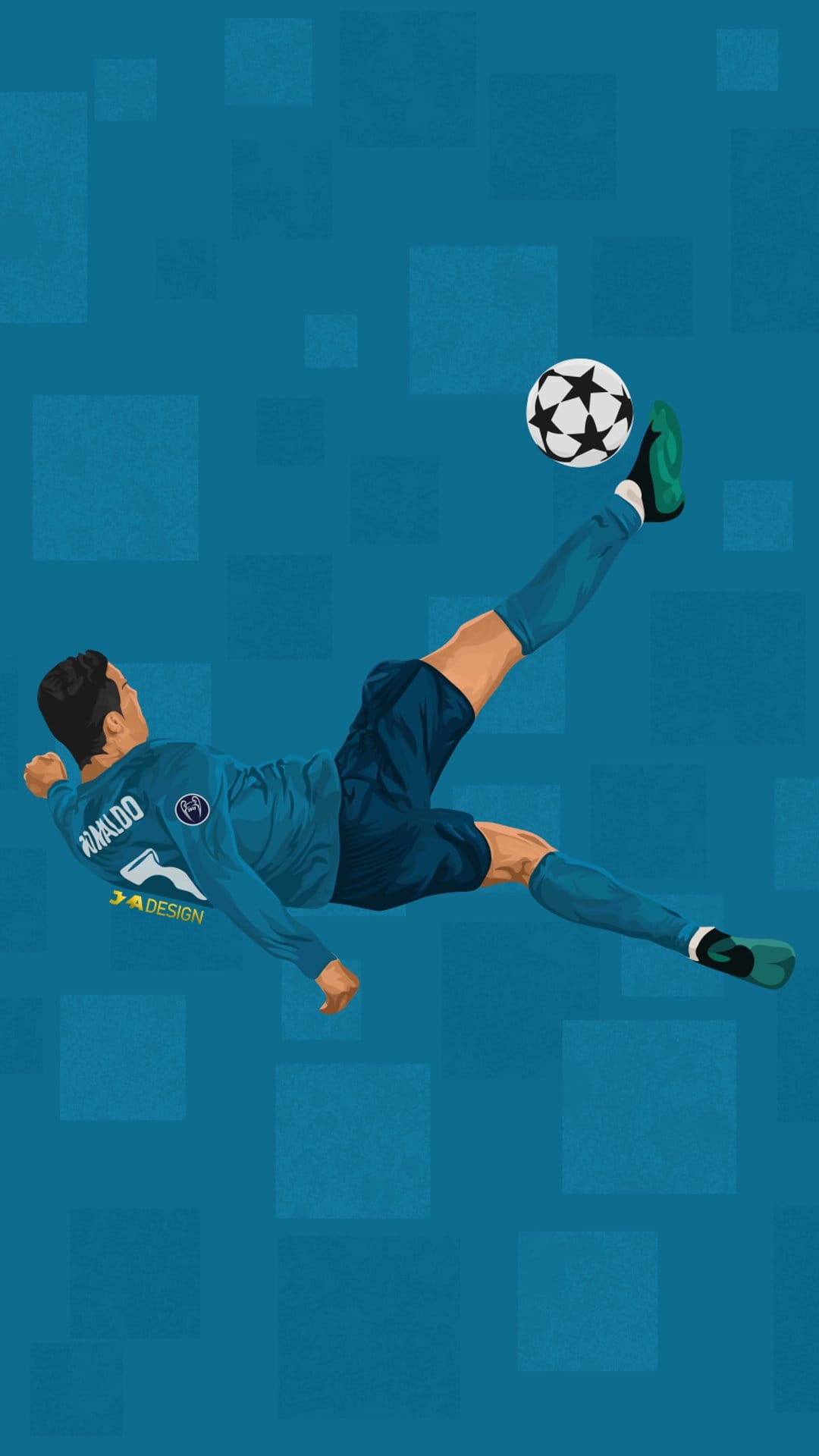 Cristiano Ronaldo performs a bicycle kick mid-air in a blue kit against a geometric blue patterned background.