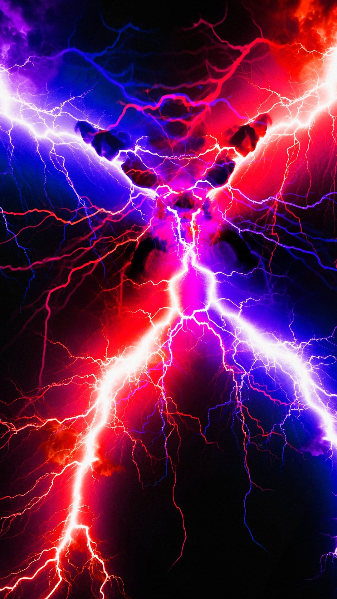 Jagged red and blue lightning bolts clash against a dark background in this vibrant vertical abstract composition.