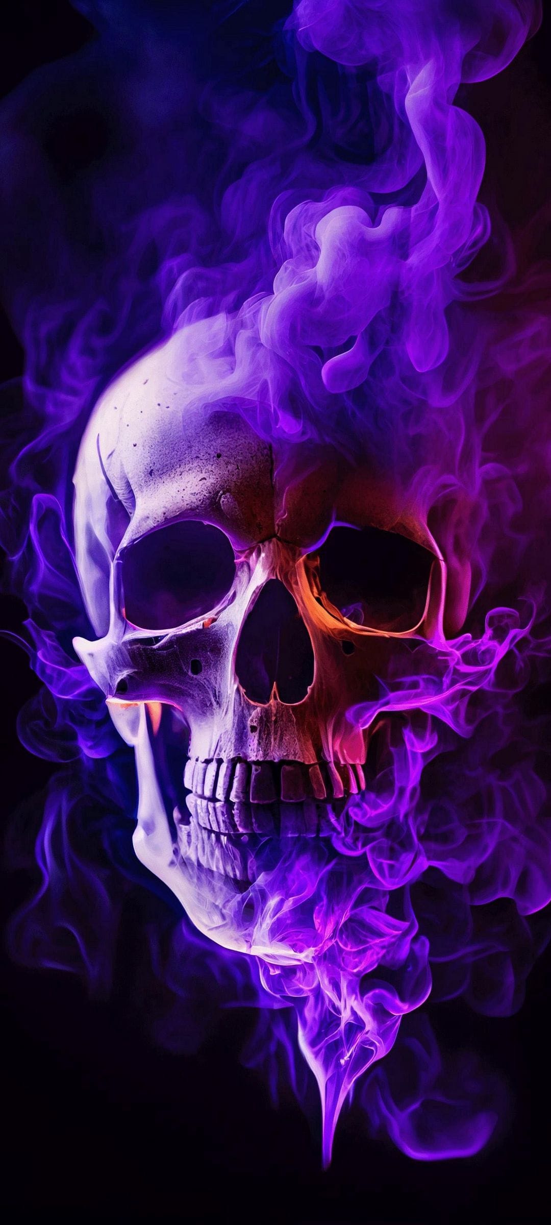 Skeletal skull head surfacing through swirling violet vapor clouds against a dark, high-contrast background.