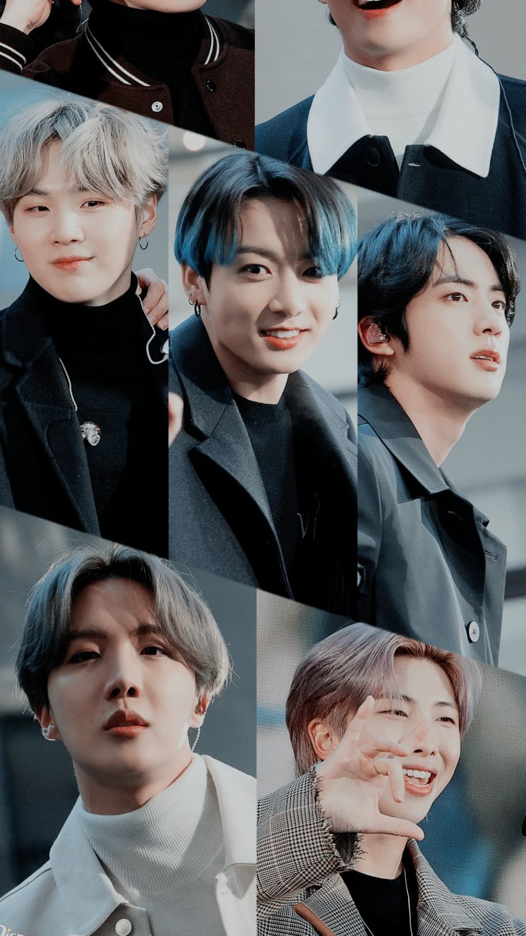 BTS members Suga, Jungkook, Jin, J-Hope, and RM appear in a vertical portrait collage wearing stylish k-pop fashion.