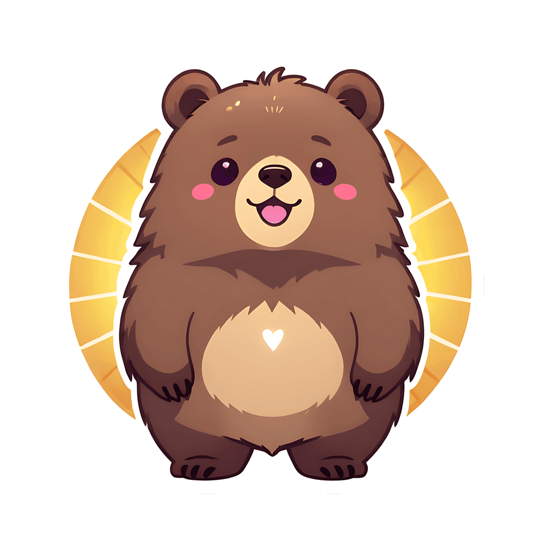 Brown bear sticker with a white heart on its chest sits before a yellow halo against a transparent background.