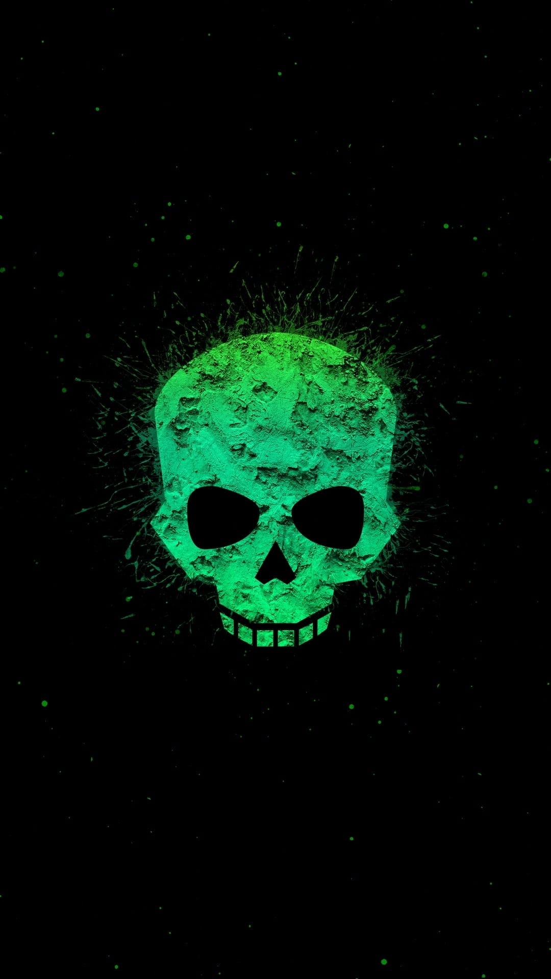 Green textured skull with dark eye sockets surrounded by an explosion of neon green particles on a black backdrop.