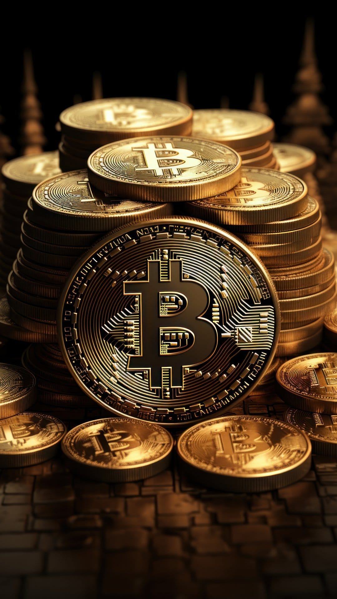 Stacked golden Bitcoin coins featuring embossed symbols arranged vertically against a dark, moody background.