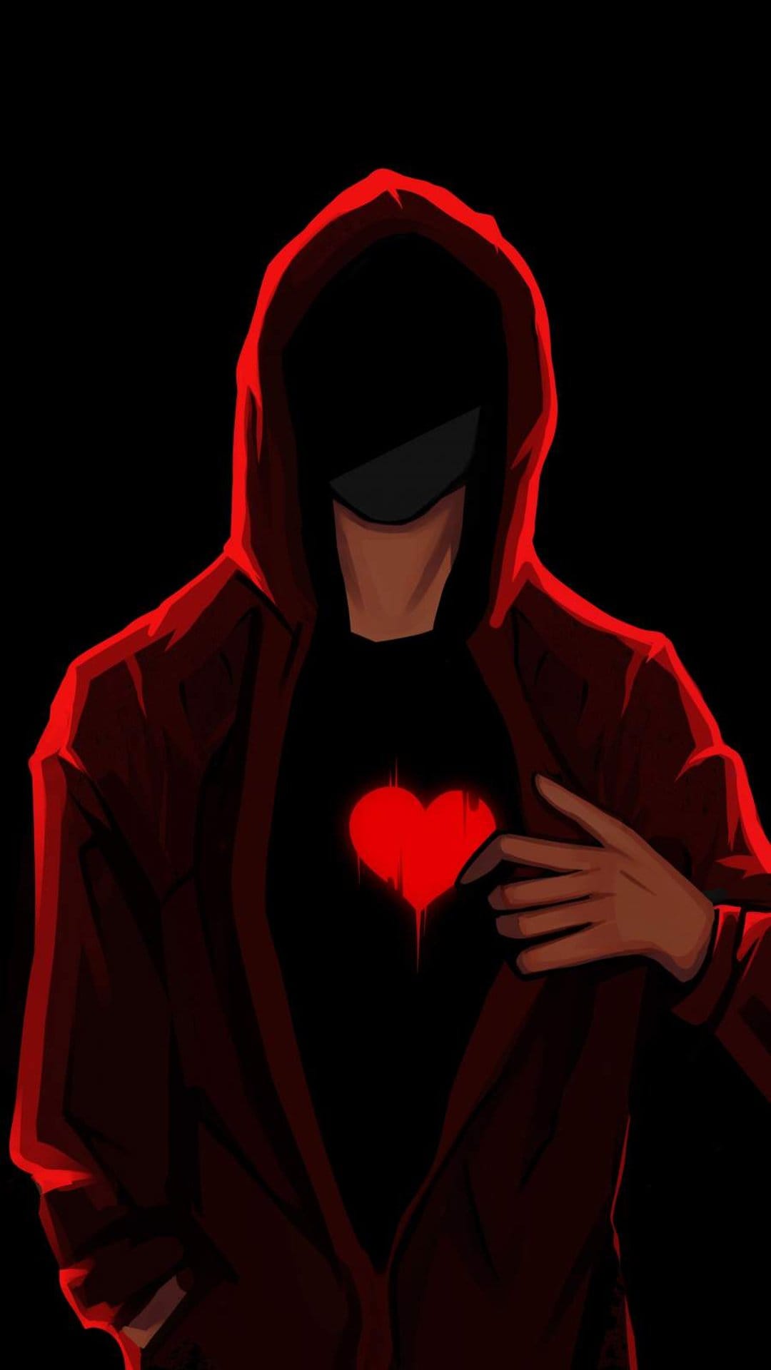 Hooded figure with a glowing red heart centered on a dark, shadowy chest against a black background.