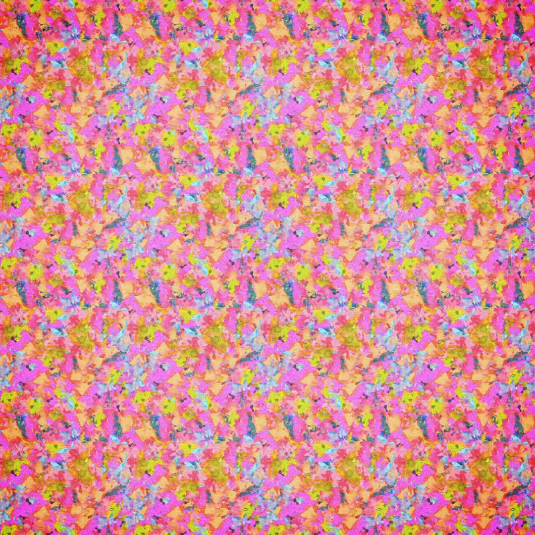Abstract flower shapes in pink, orange, and blue feature thick painterly textures in a dense repeating pattern.