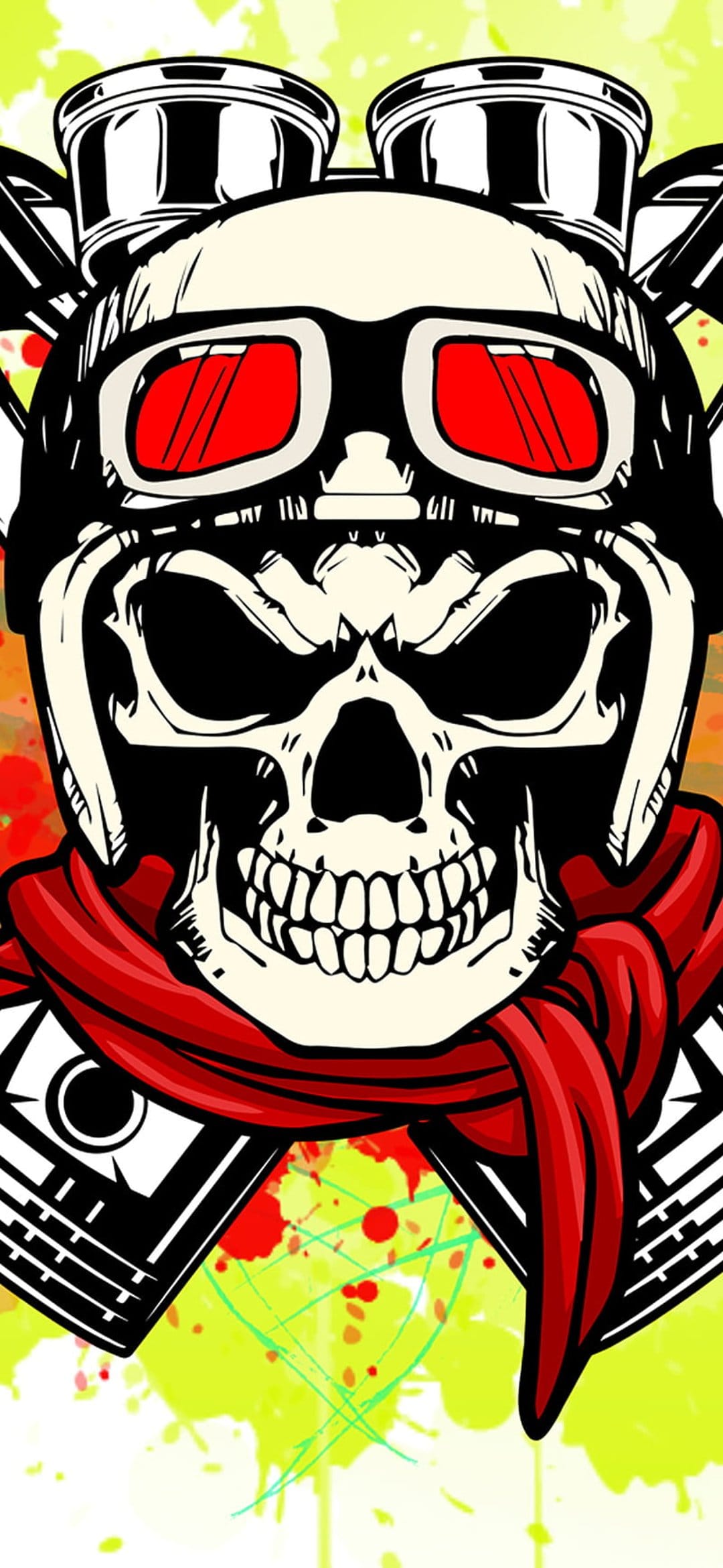 Skull wearing red lens goggles and a scarf among mechanical pistons against a yellow and green paint splatter.