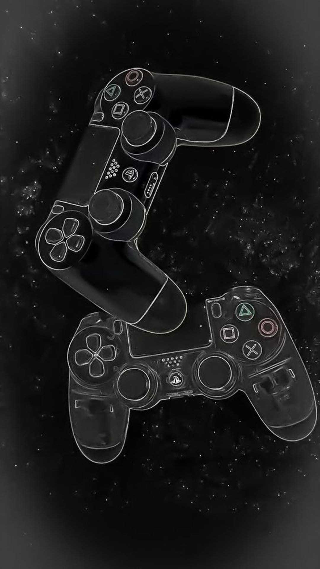 Two gamepads with white outlines float against a dark starry background featuring a faint nebular cloud.