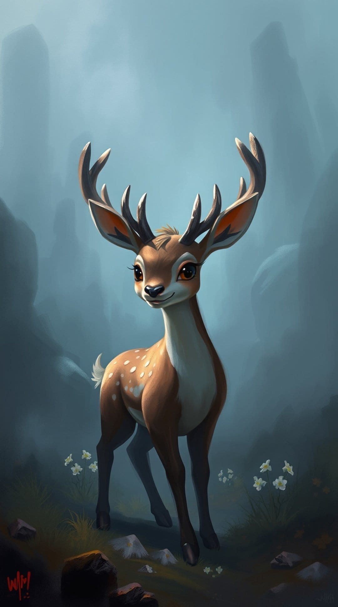 Spotted fawn with small antlers stands in a misty blue forest with white flowers and soft atmospheric lighting.