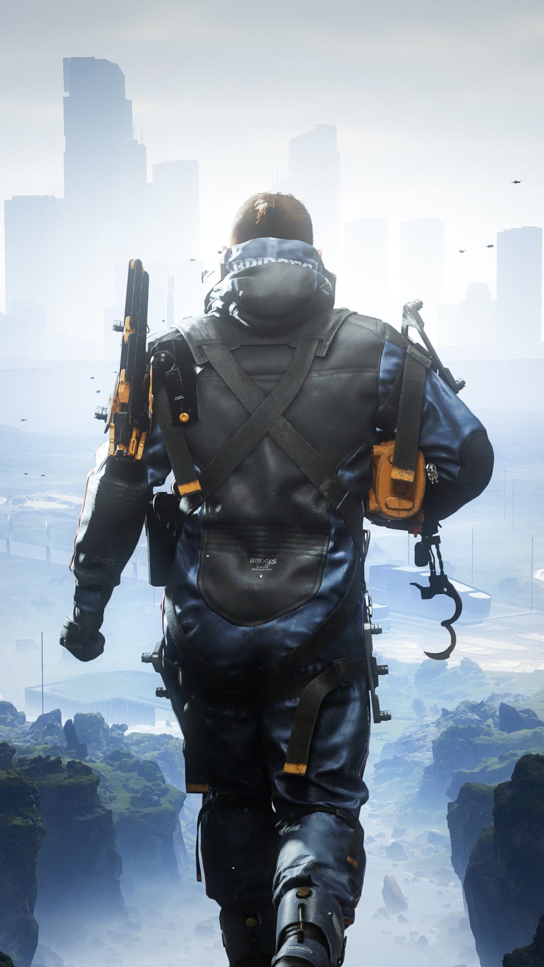 Sam Porter Bridges walking toward a misty city skyline with rugged cliffs and high-tech gear visible.
