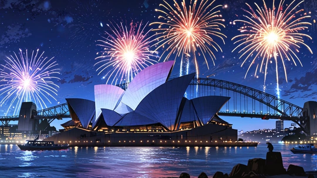 Sydney Opera House and Harbour Bridge illuminated by colorful fireworks exploding in a dark night sky.
