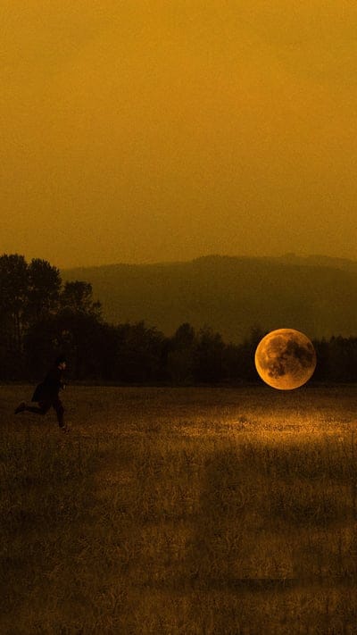 Moon, Running, Silhouette, Field, Surreal, Dreamlike, Ochre, Landscape, Night, Fantasy, Giant Moon, Pursuit, Escape, Mystery, Minimalist, Sky, Horizon, Trees, Imagination, Eerie