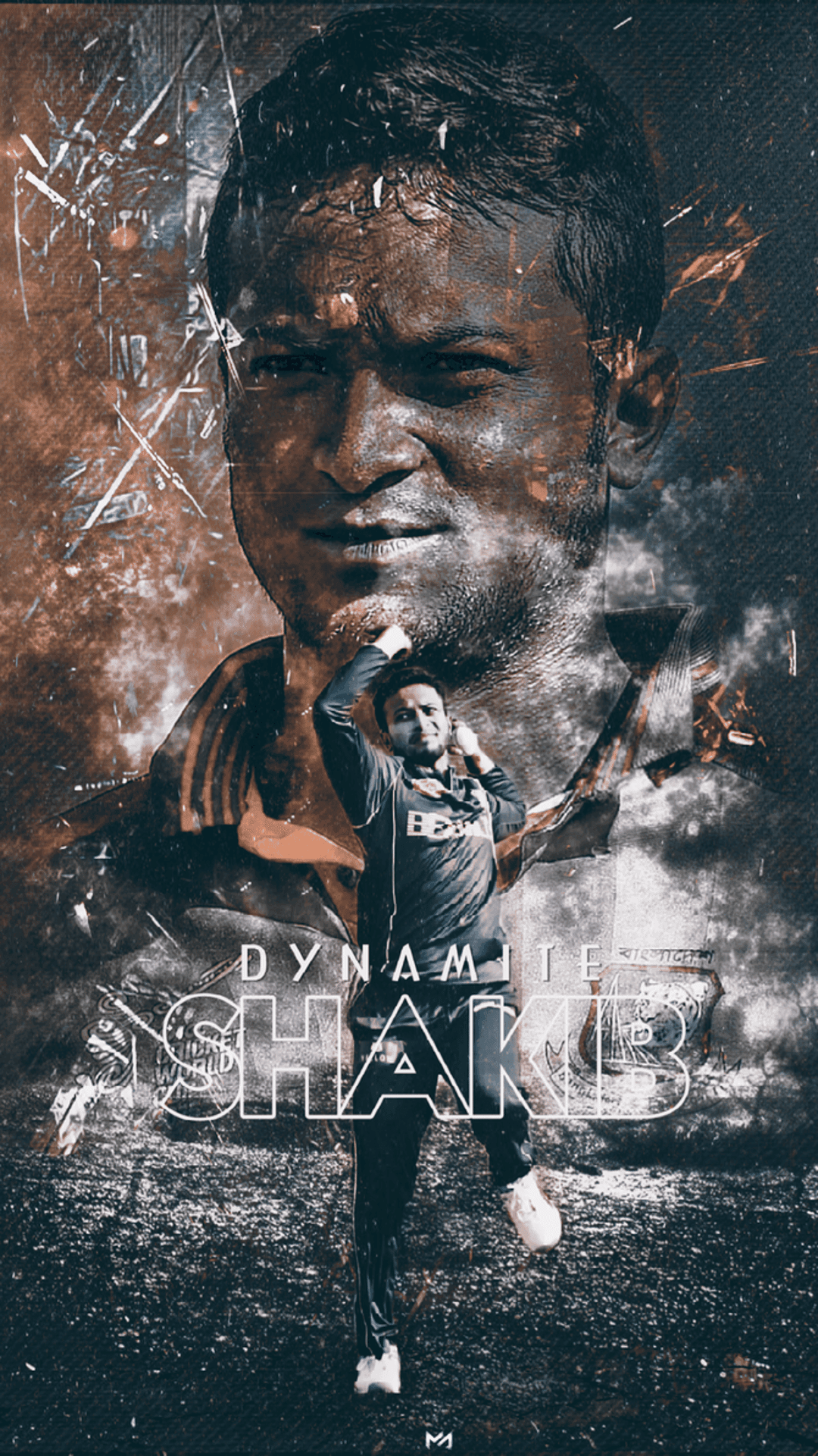 Shakib Al Hasan’s determined face appears behind an action shot of him bowling against a textured dark background.