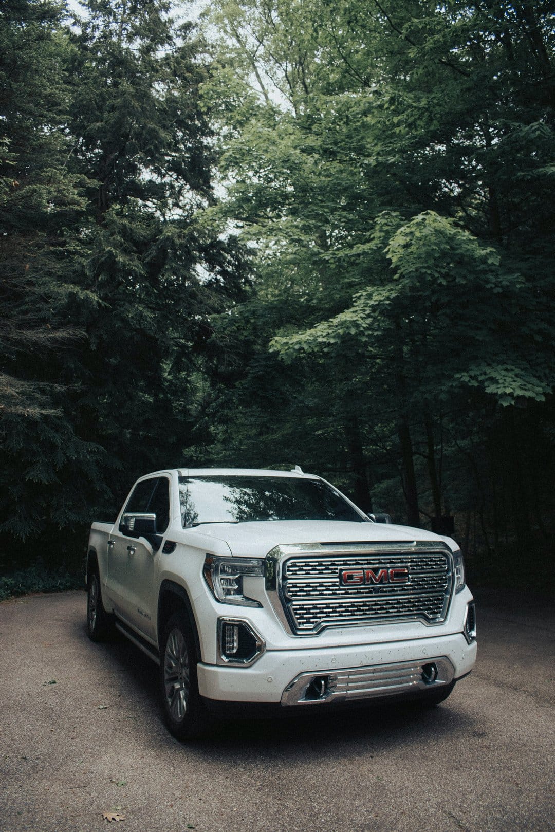 White GMC Sierra pickup truck on a gravel road in a lush green forest with sunlight filtering through tall trees.