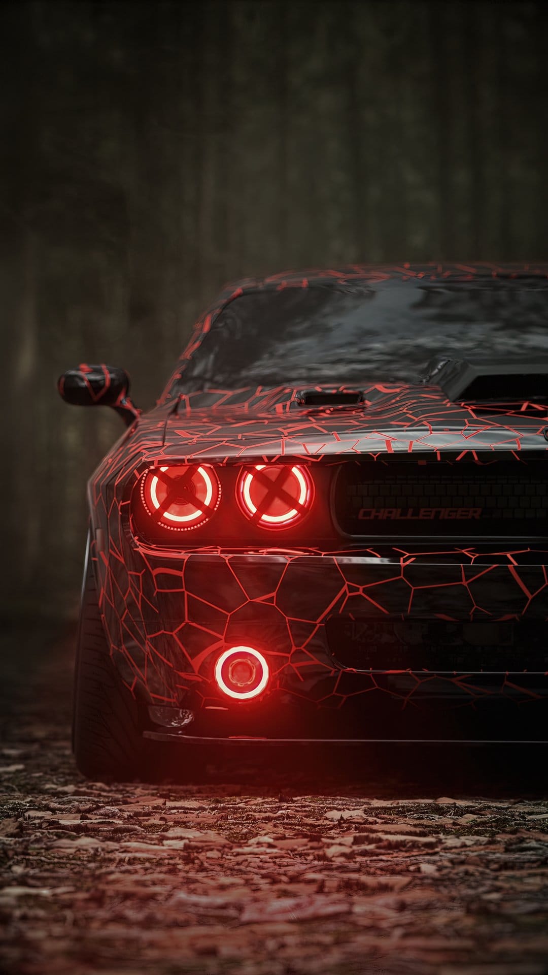 Dodge Challenger with glowing red headlights and cracked patterns parked on a dark, misty forest floor at night.