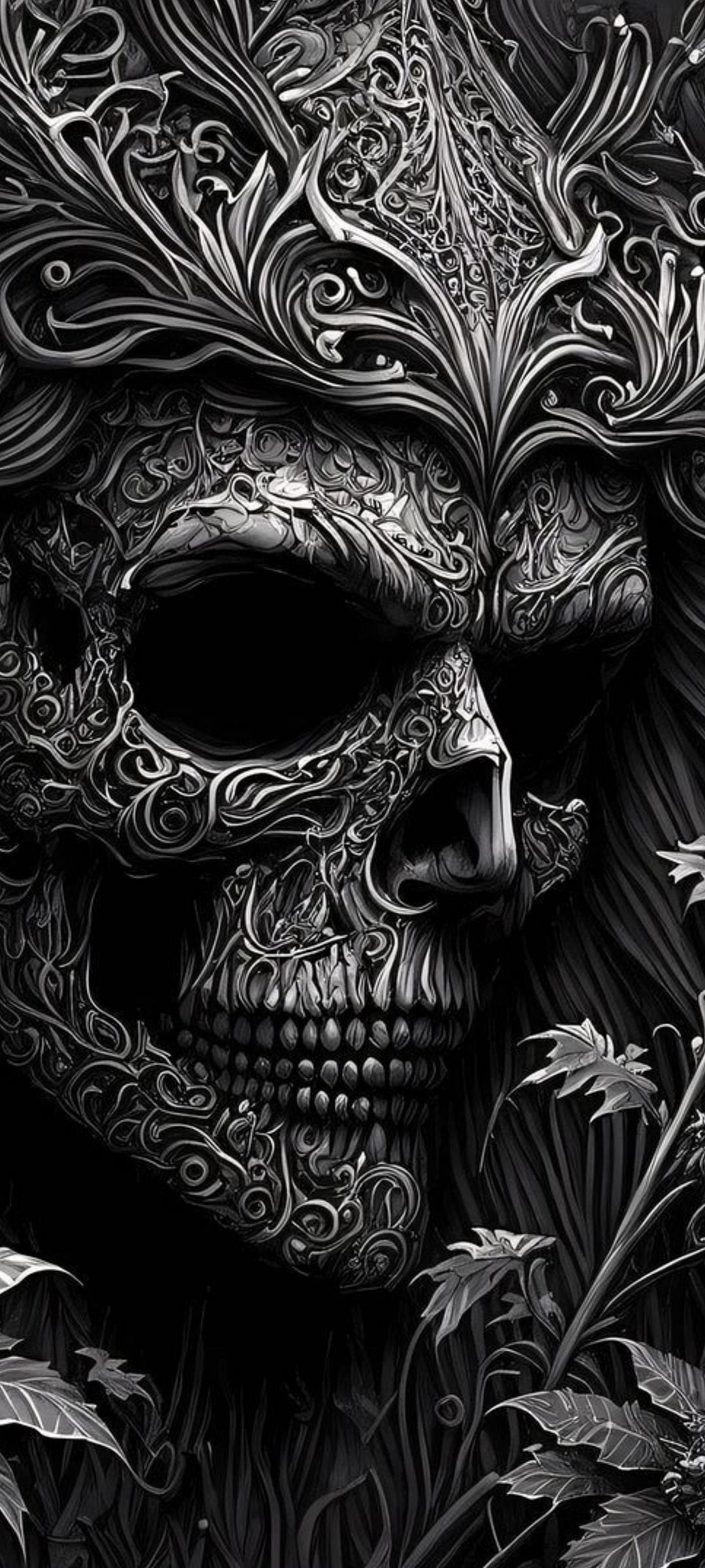 Ornate human skull with intricate floral vine etchings and deep shadows against a dark textured background.