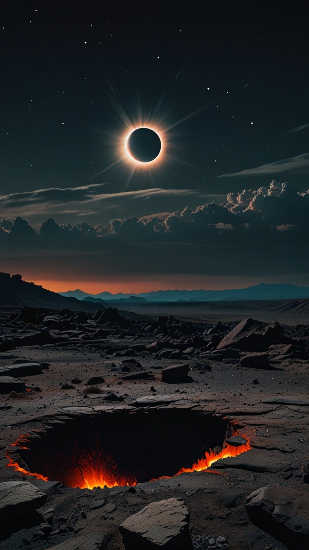 Total solar eclipse with a glowing white corona hangs above a dark volcanic crater filled with bubbling red lava.