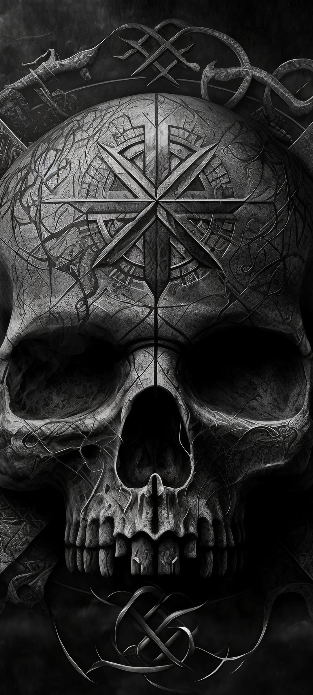 Weathered human skull with etched Norse runes and circular engravings against a dark, shadowy background.