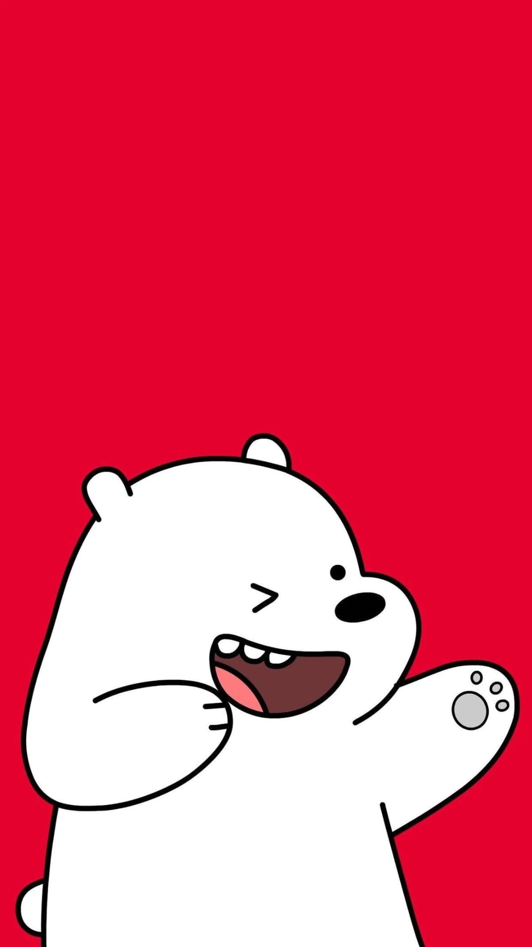 Ice Bear laughing with an open mouth and raised paw against a solid vibrant red background in a vertical view.