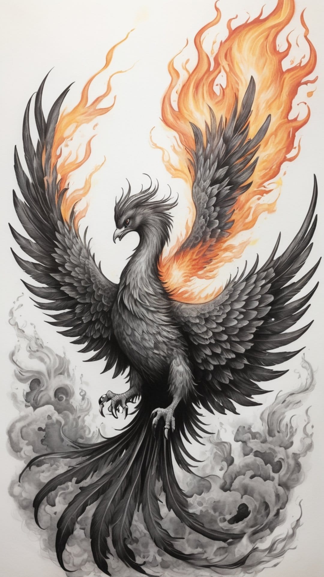 Black phoenix with outstretched wings rises through orange flames and dark smoke against a white background.