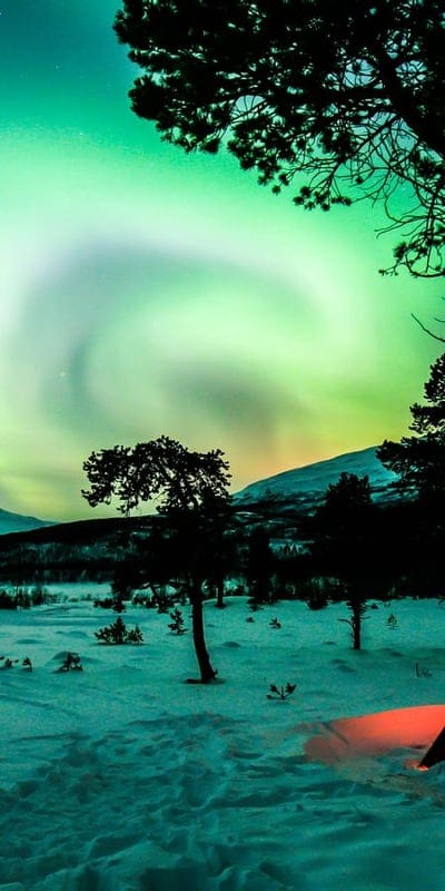 Aurora Borealis, Northern Lights, Night sky, Winter, Snowy landscape, Ethereal, Green light, Celestial, Nature's spectacle, Arctic, Sky phenomena, Magical, Cold, Scenic, Trees silhouette, Atmospheric, Outdoors, Astronomy, Cosmic, Winter wonderland