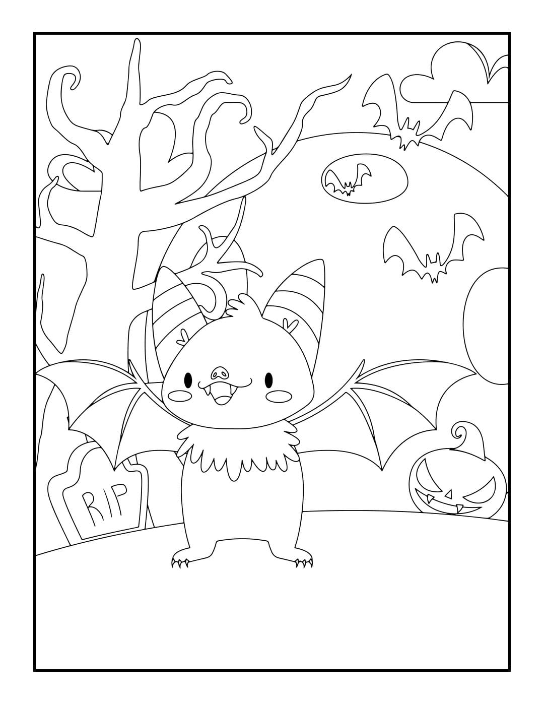 Halloween coloring page featuring a flying bat, jack-o-lantern, and spooky tree silhouette in black line art.