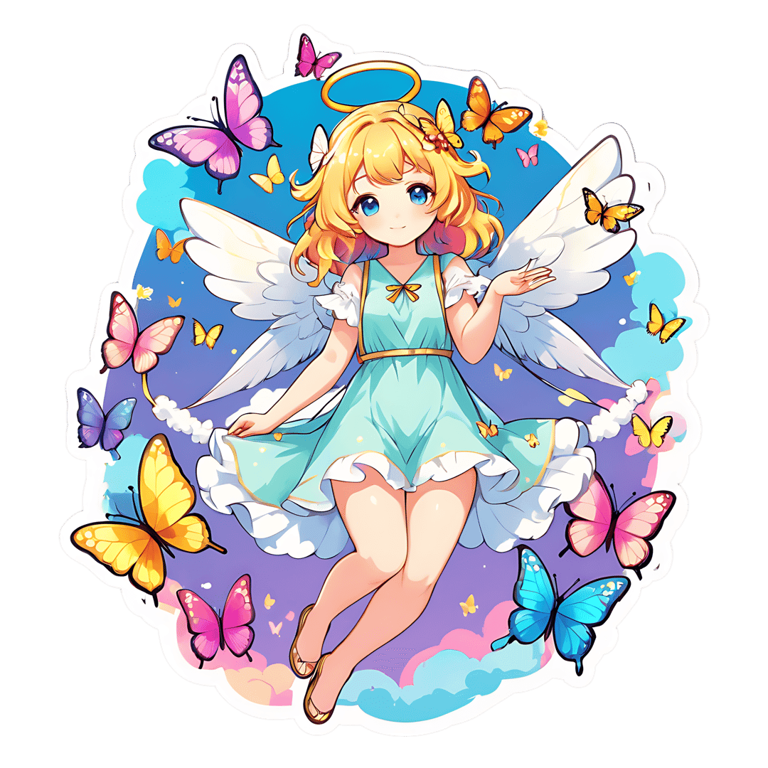 Angel fairy sticker with blonde hair, white wings, and butterflies flying in a pastel sky with fluffy clouds.