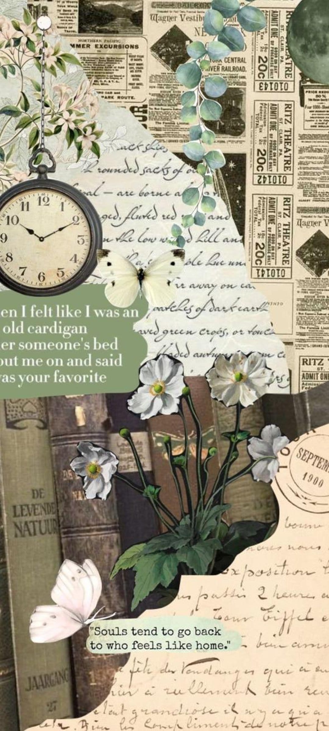 White flowers and butterflies rest on old newspaper clippings next to a pocket watch and stacked books.