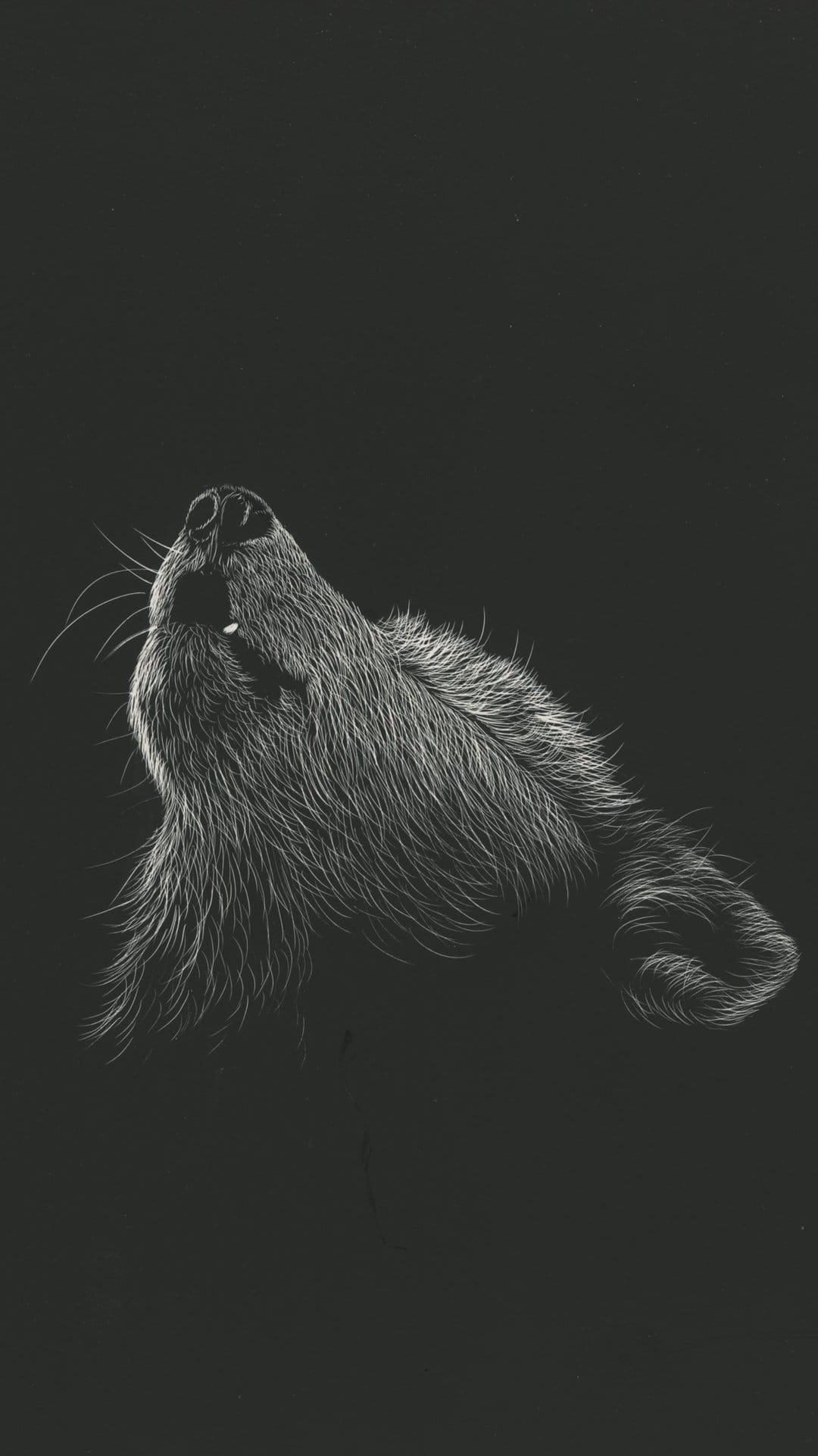 Wolf profile with detailed white fur textures howling against a solid black background in a vertical view.