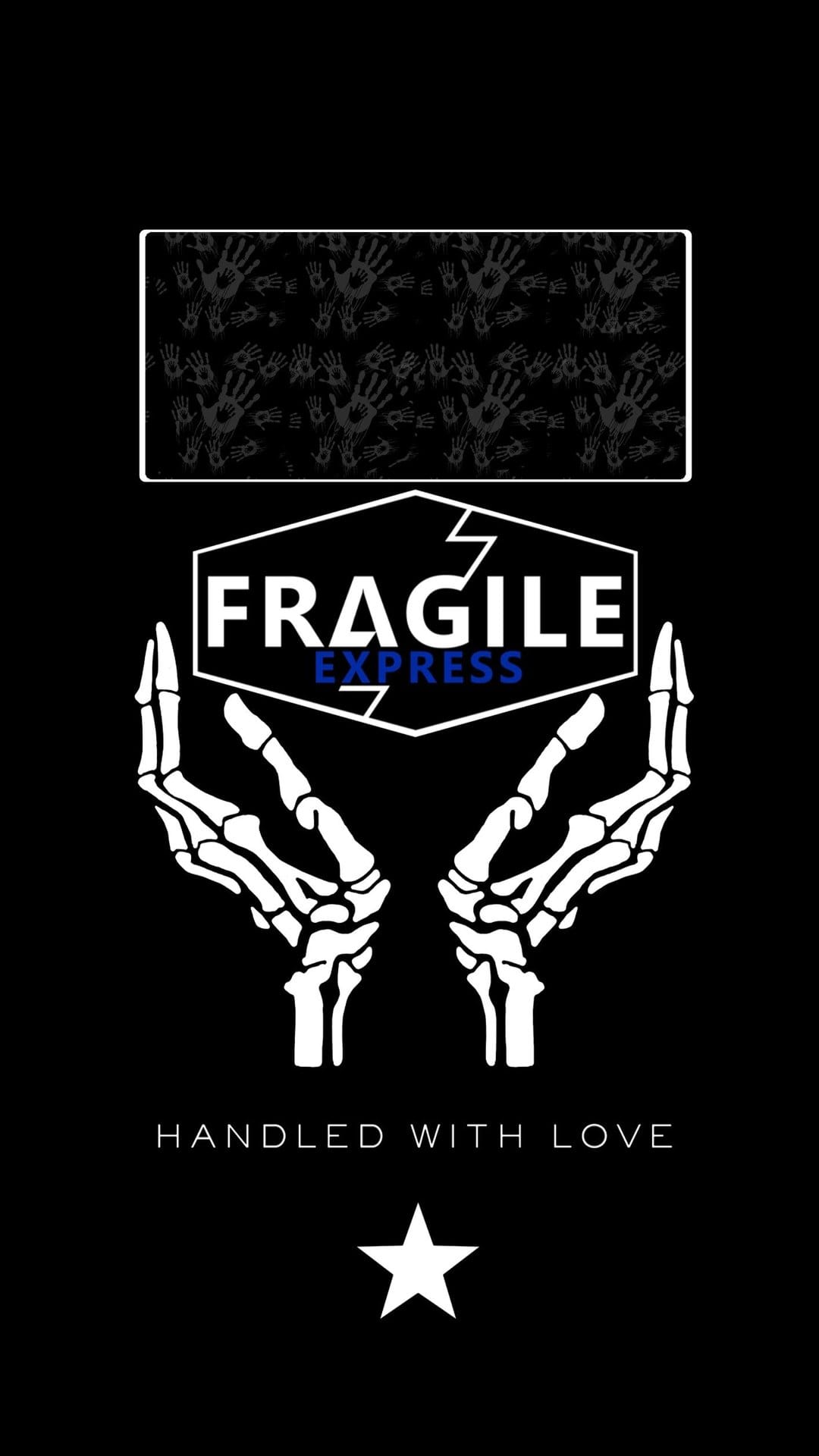Fragile Express logo and skeletal hands over a black background with a small white star and handprint patterns.