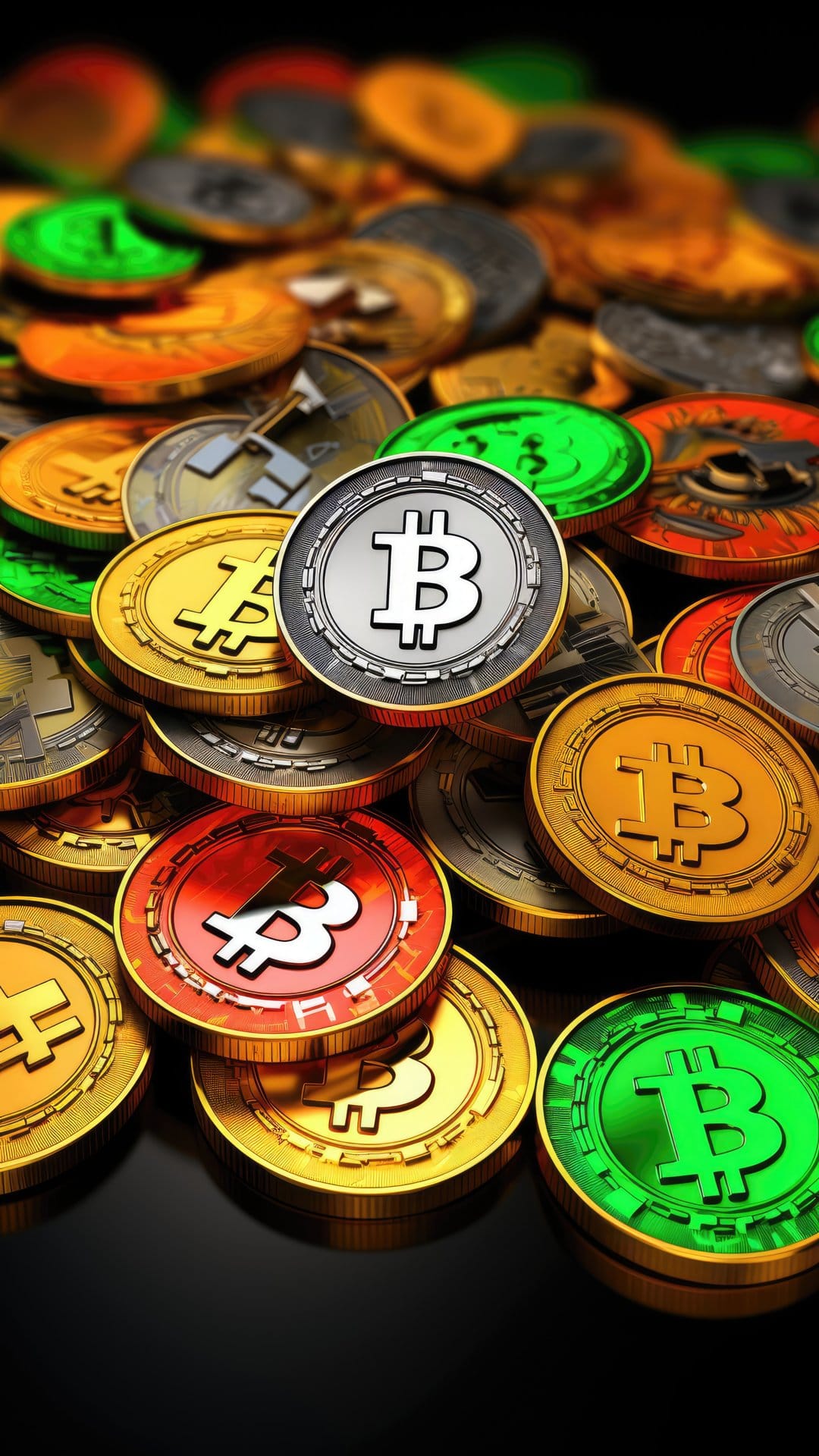 Bitcoin coins in gold, red, and green stack together on a dark reflective surface with visible etched symbols.