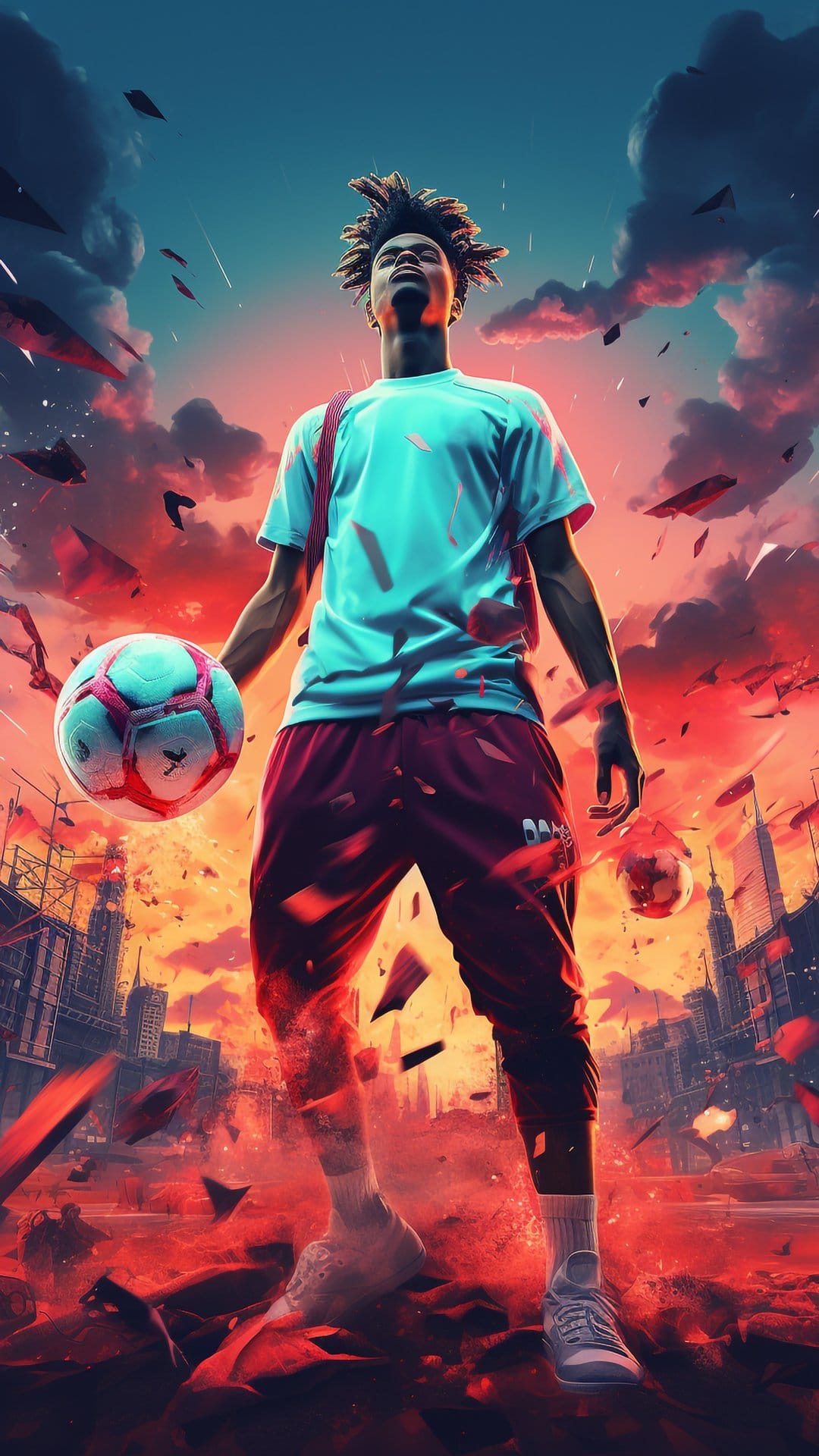 Young Black soccer player holding a ball stands in a burning city with flying debris under a stormy sky.