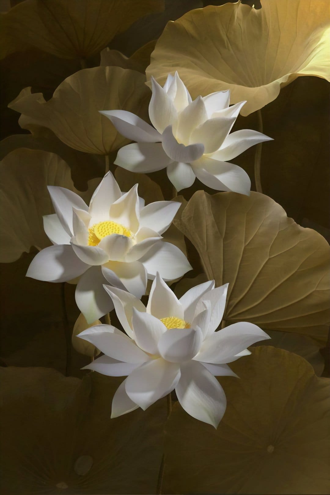White lotus flowers with yellow centers bloom against oversized golden leaves in a soft, vertical composition.