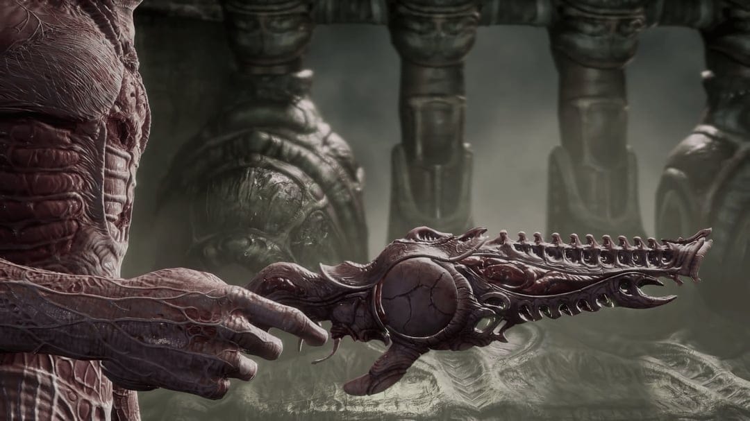 A fleshy biomechanical pistol held by a muscular, veined hand in a dark, foggy industrial horror environment.