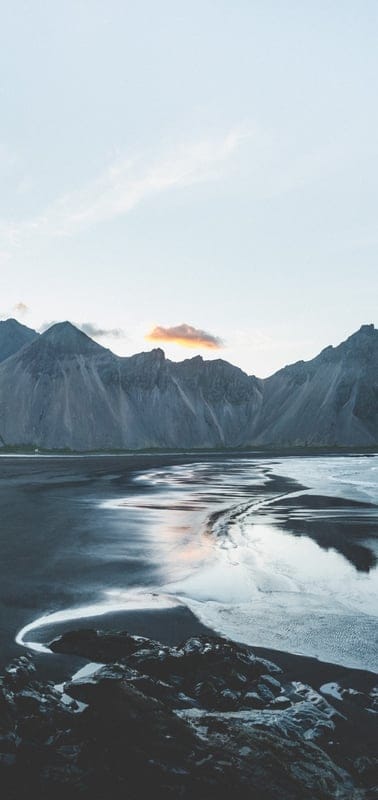 Coastal, mountains, volcanic, beach, nature, landscape, serene, peaceful, tranquil, beautiful, outdoor, reflections, twilight, dawn, dusk, black sand, rugged, majestic, calm, minimal