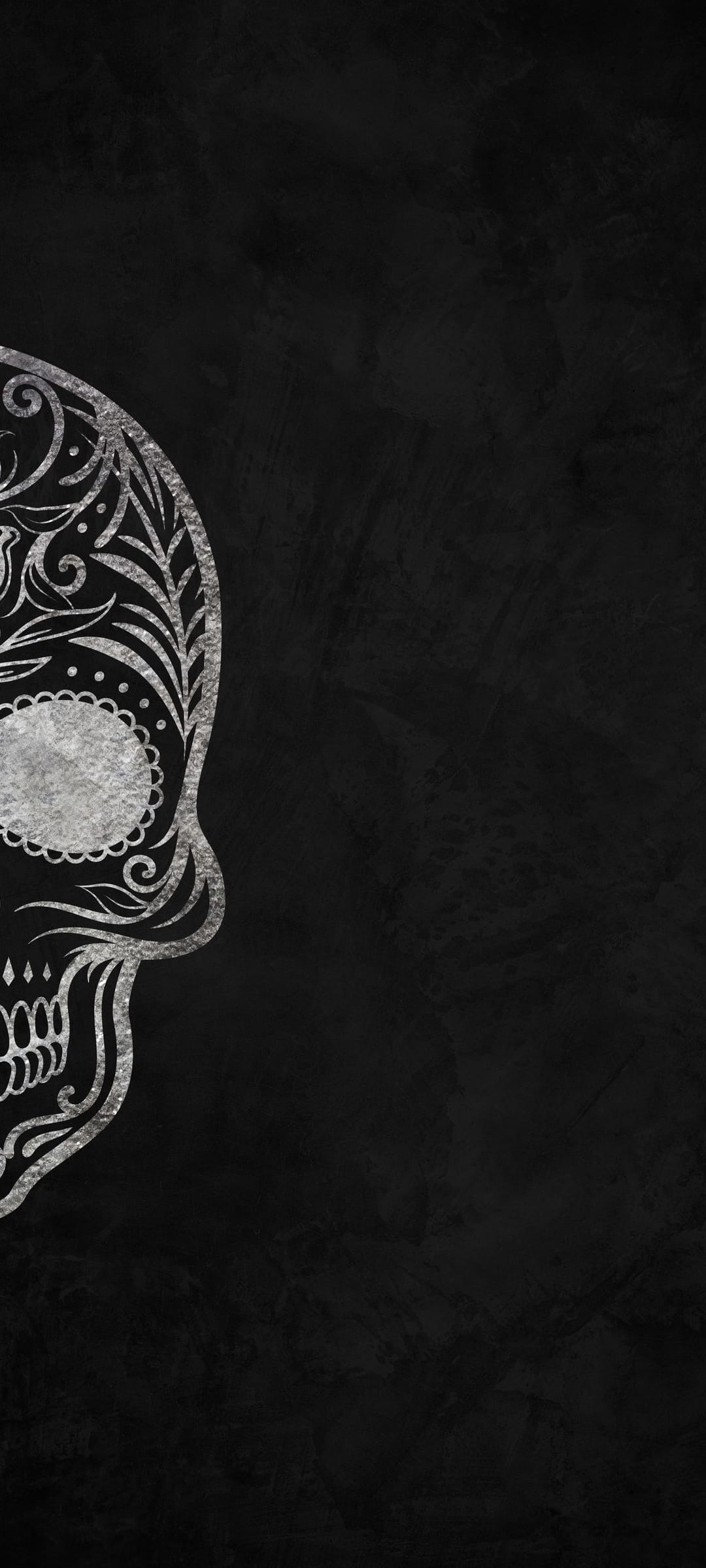 Silver sugar skull with intricate floral carvings positioned to the left on a grainy black textured background.