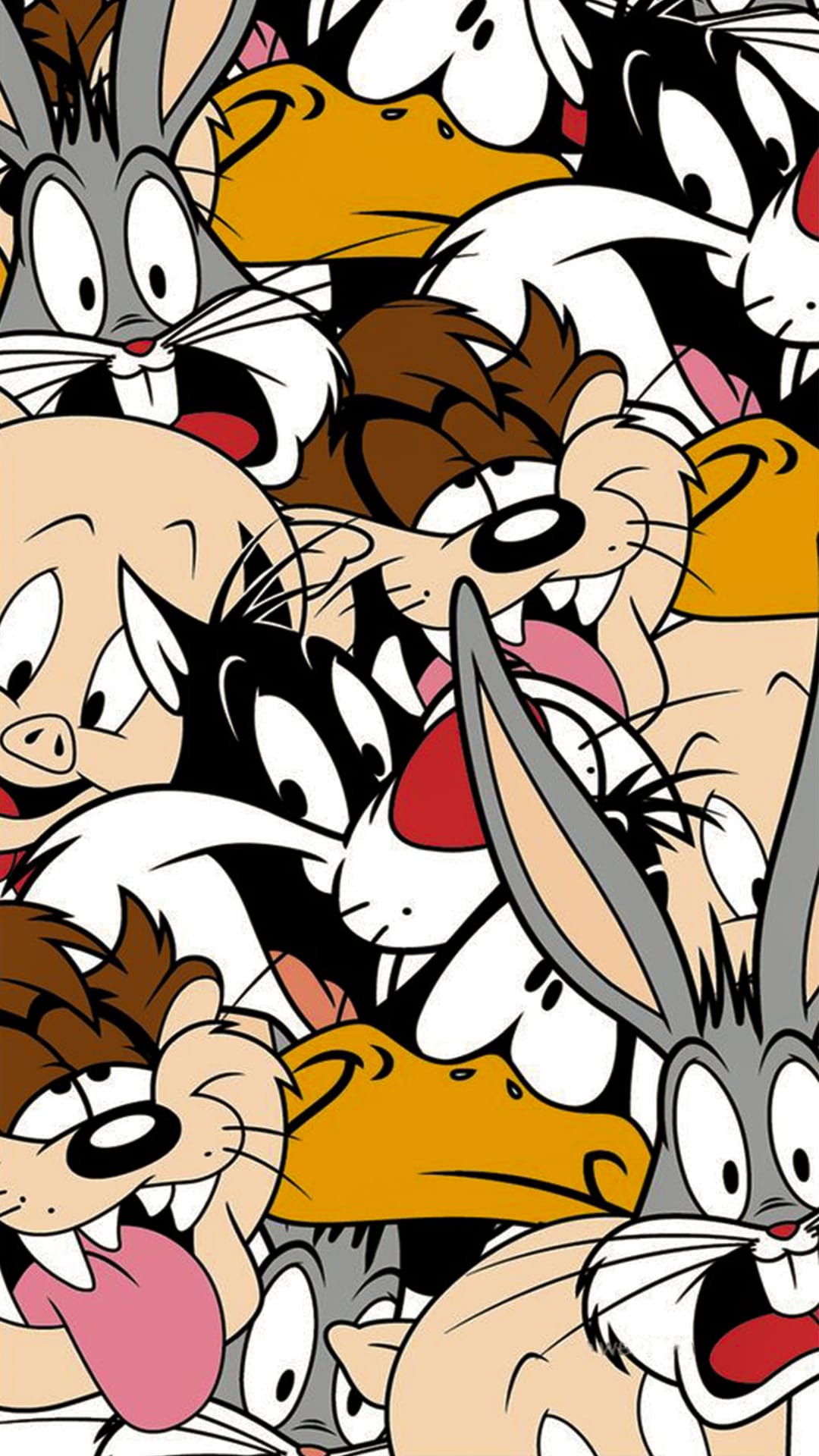 Bugs Bunny, Daffy Duck, and Taz lead a crowded character collage with bold outlines and bright primary colors.