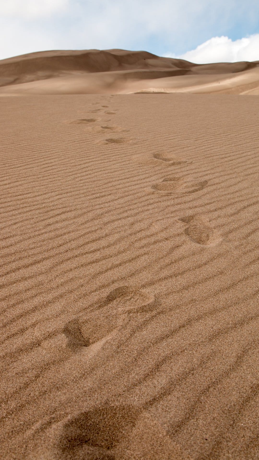 Human footprints curve across rippled sand dunes under a cloudy sky with distant hills in a vast desert.