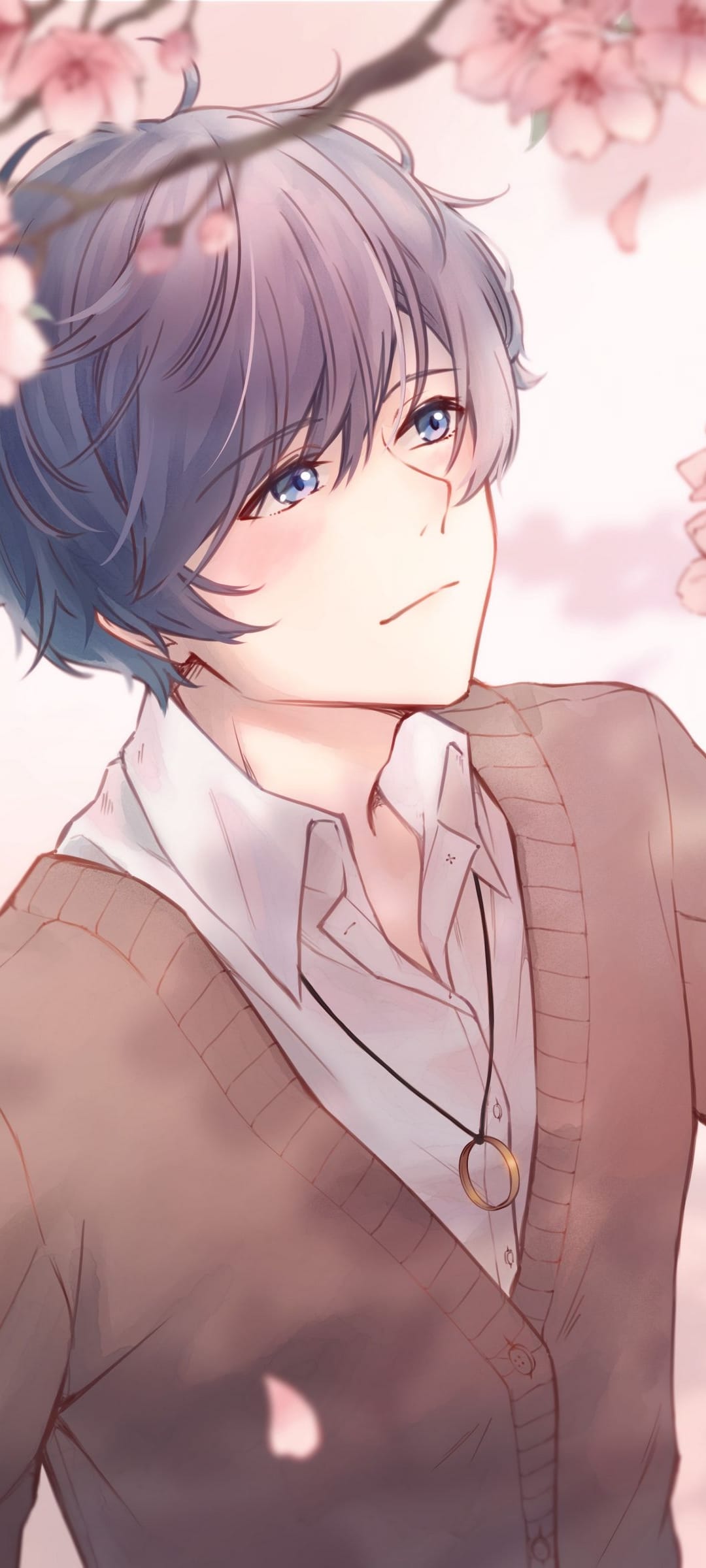 Anime boy with blue hair and eyes looks up at pink cherry blossom petals while wearing a brown cardigan.