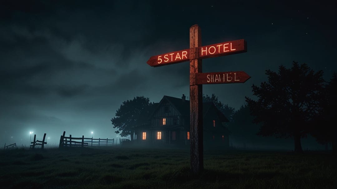 Wooden signpost with glowing neon signs stands before a dimly lit house shrouded in thick nocturnal fog.
