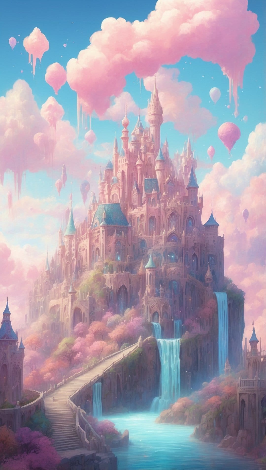 Majestic pink castle on a cliff with falling water and hot air balloons drifting through soft pastel clouds.