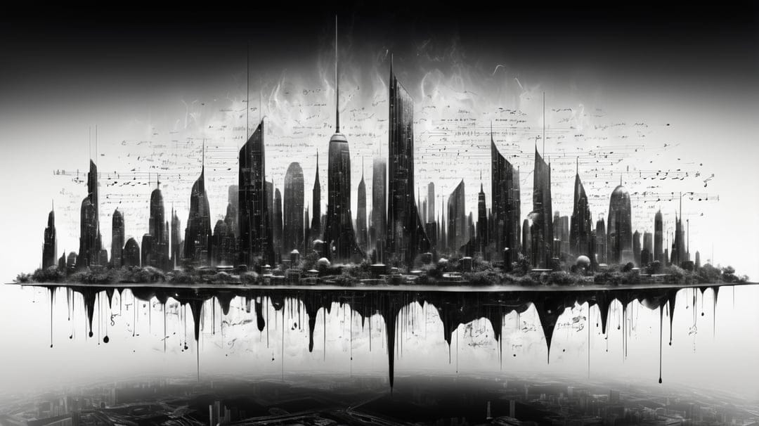 Stylized skyscrapers melt into dark fluid drips against a gray gradient background in a vertical composition.