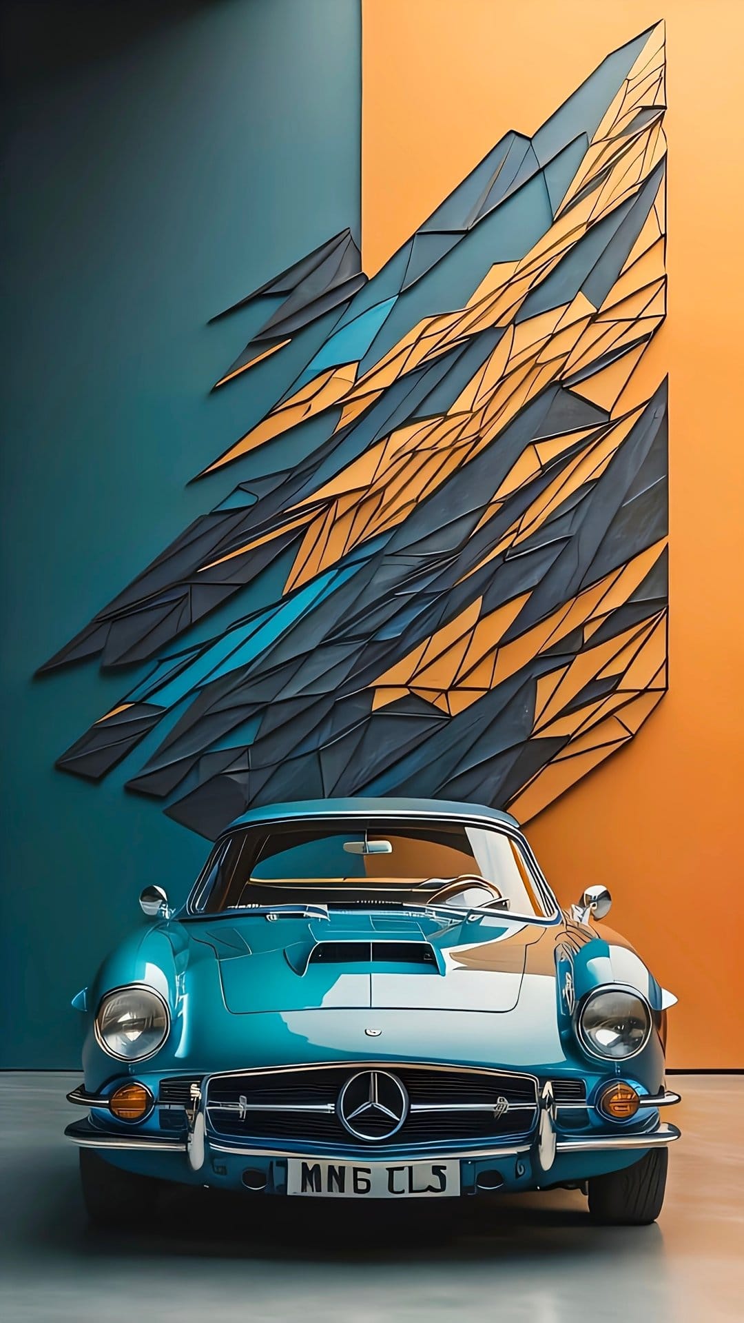 Vintage blue Mercedes-Benz SL parked in front of a geometric wall with teal, gold, and dark grey abstract shapes.