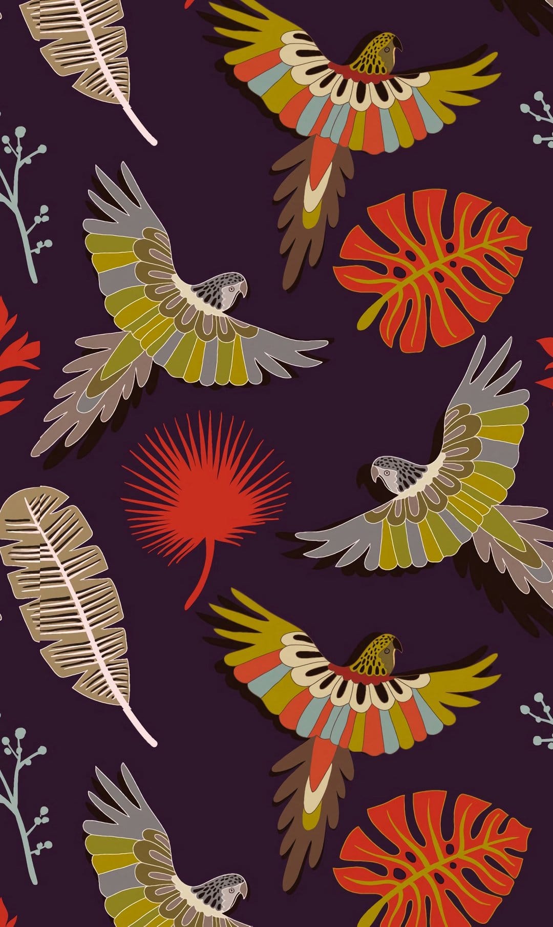 Parrots with green and blue wings fly among red monstera leaves and palm fronds on a dark purple background.