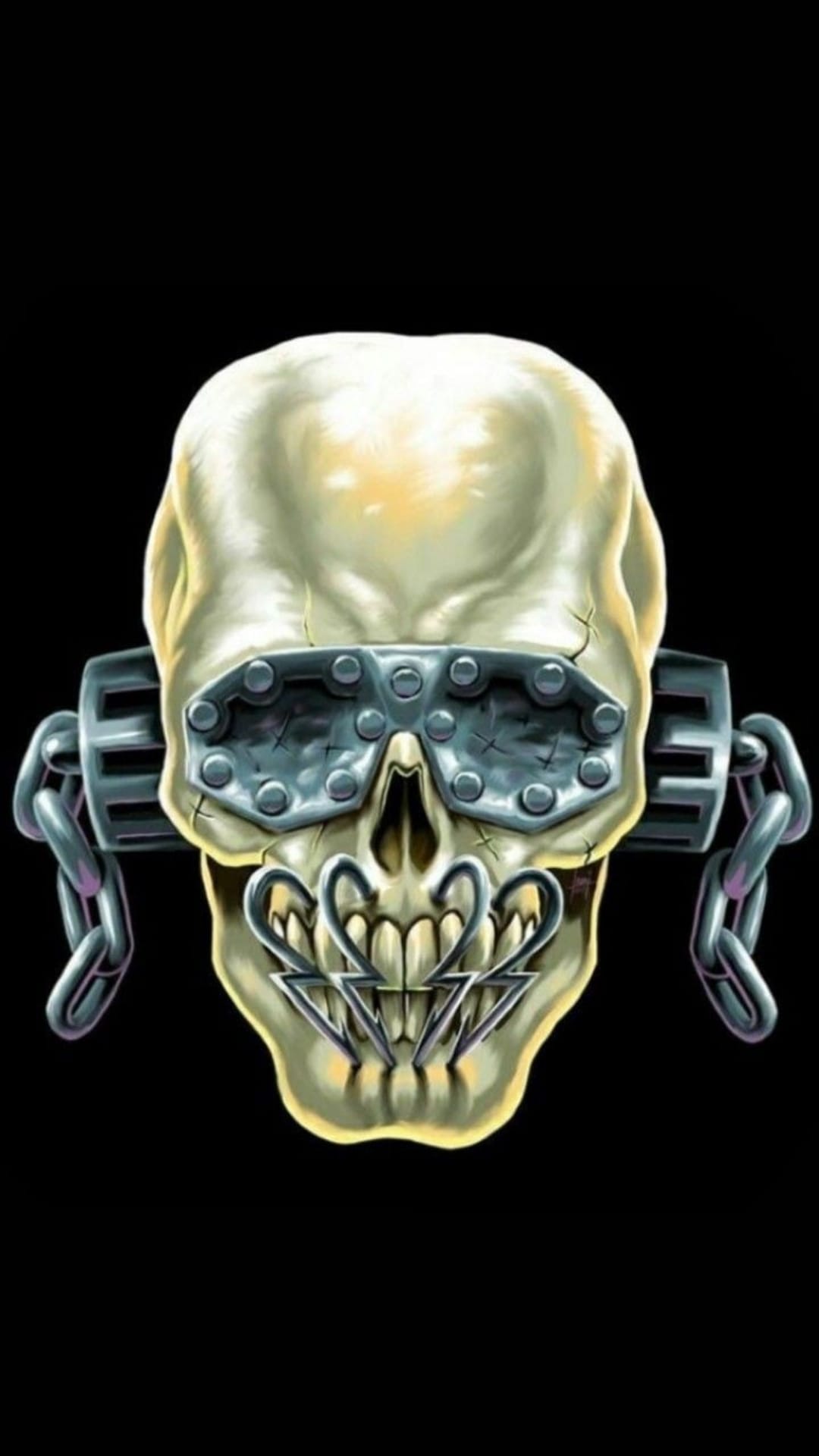 Weathered skull wearing riveted goggles and a jagged metal muzzle with thick iron chains on a dark background.