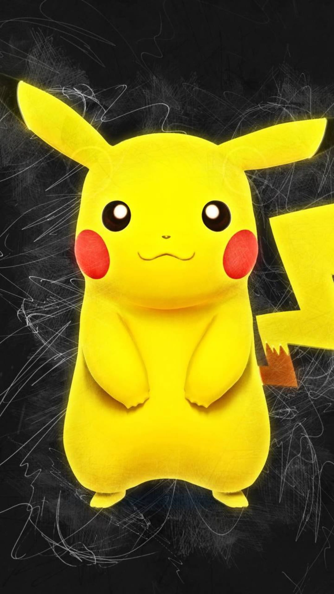 Pikachu stands with red cheeks and a lightning bolt tail in front of a dark, weathered and scratched background.