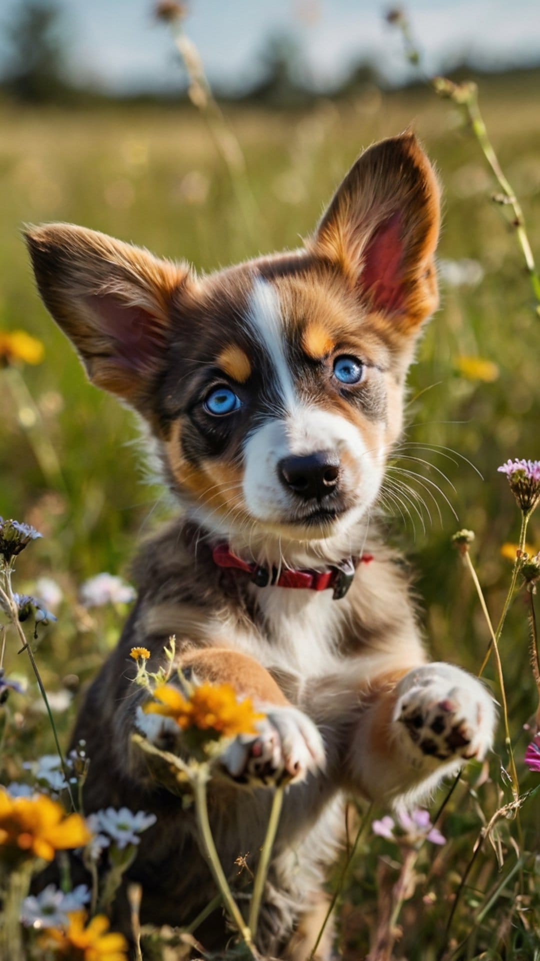 Tri-color puppy with blue eyes sits among wildflowers in a sunny field, captured in a close-up portrait.