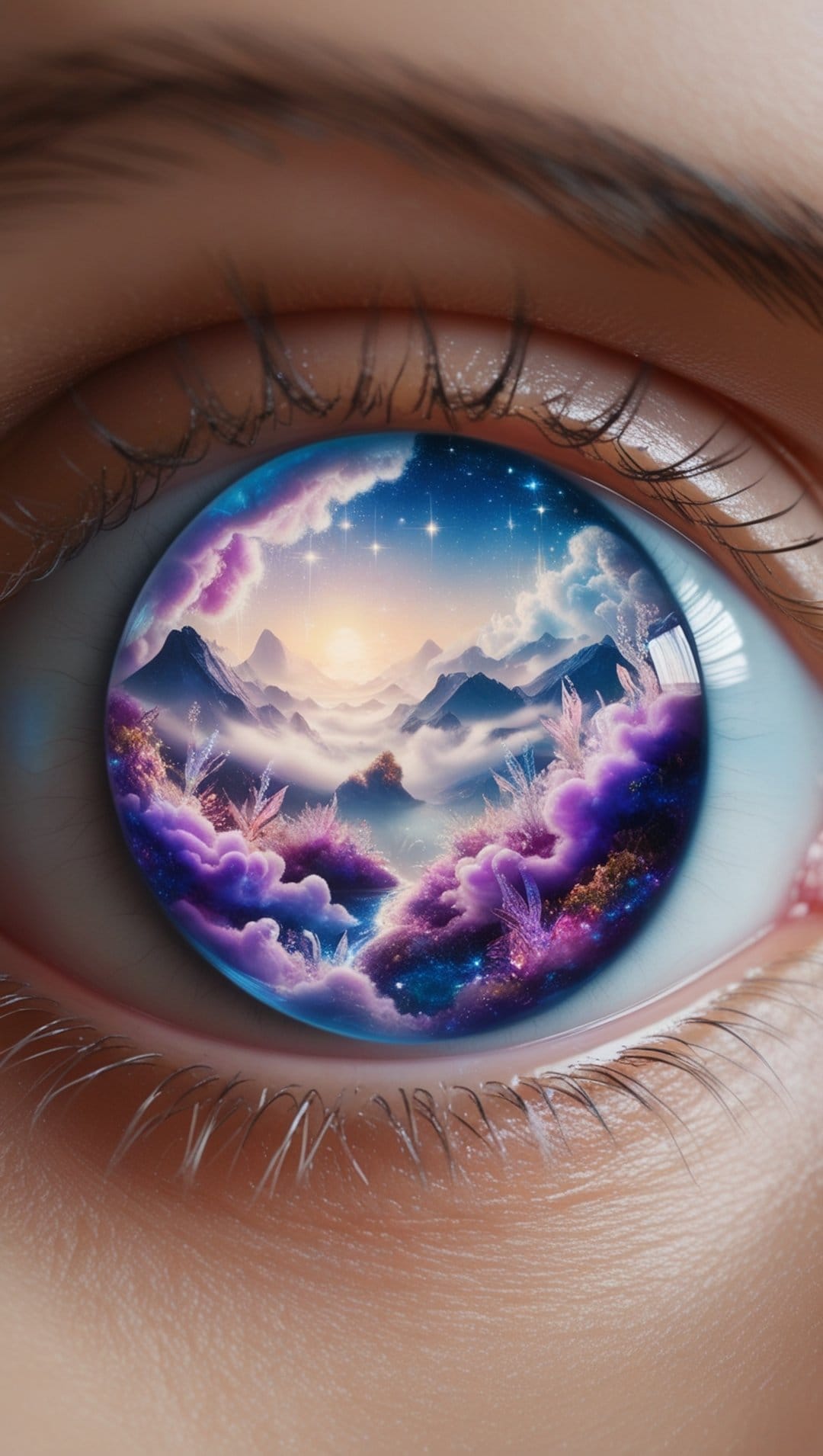Human iris reflecting a purple fantasy mountain range under a starry night sky with magenta clouds.