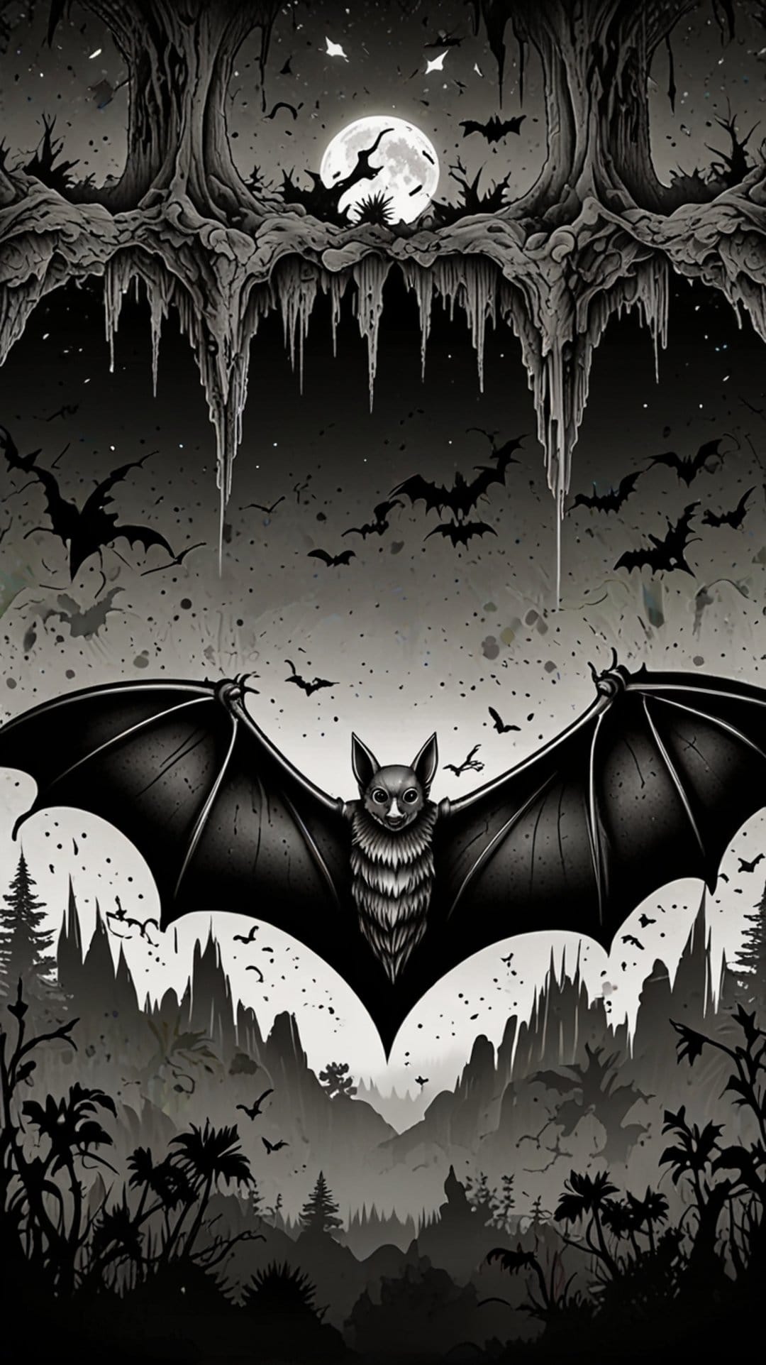 Bats swarm against a giant full moon over jagged rock spires and leafless trees in a dark nocturnal sky.
