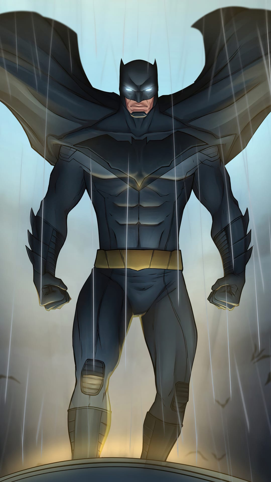Batman in armored gear stands in falling rain with a billowing cape and glowing white eyes under his dark cowl.